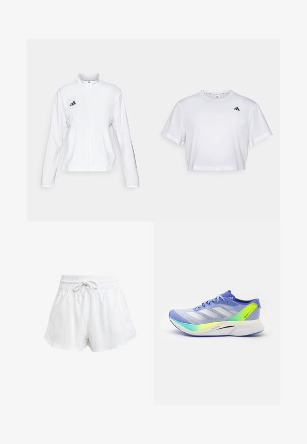 adidas Performance ADIZERO ESSENTIALS - Juoksutakki - white; Valkoinen lyhythihainen t-paita, joka on valmistettu pehmeästä kankaasta. Pyöreä pääntie. Musta logo vasemmassa rinnassa.; Valkoiset urheilushortsit, joissa on joustava vyötärö ja säädettävä nyöri. Kevyestä materiaalista valmistettu, sivutaskut ja väljä istuvuus.; adidas Performance ADIZERO BOSTON 12 - Katujuoksukengät - light blue