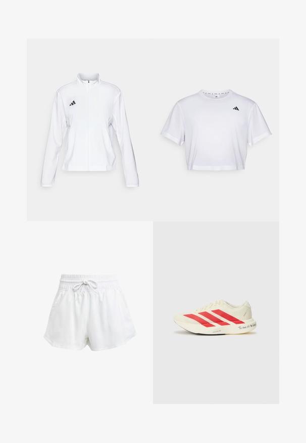 adidas Performance ADIZERO ESSENTIALS - Sportdzseki - white; Fehér, rövid szabású póló, puha anyagból készült, rövid ujjakkal és kerek nyakkivágással. Fekete logó a bal mellen.; Fehér sportcipőnadrág rugalmas derékrésszel és állítható húzózsinórral. Könnyű anyagból készült, oldalzsebekkel rendelkezik és laza szabású.; Tejszínes felsőrészű, piros ferde csíkokkal ellátott futócipők, sima felülettel és figyelemfelkeltő felirattal a talpon: "Futni annyi, mint élni!"