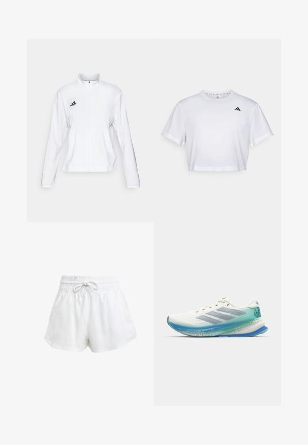 adidas Performance ADIZERO ESSENTIALS - Sportdzseki - white; Fehér, rövid szabású póló, puha anyagból készült, rövid ujjakkal és kerek nyakkivágással. Fekete logó a bal mellen.; Fehér sportcipőnadrág rugalmas derékrésszel és állítható húzózsinórral. Könnyű anyagból készült, oldalzsebekkel rendelkezik és laza szabású.; Fehér futócipő lélegző hálós felsőrésszel, világoskék középtalppal és türkiz kiegészítőkkel. Sportos formatervezés és texturált talp jellemzi.