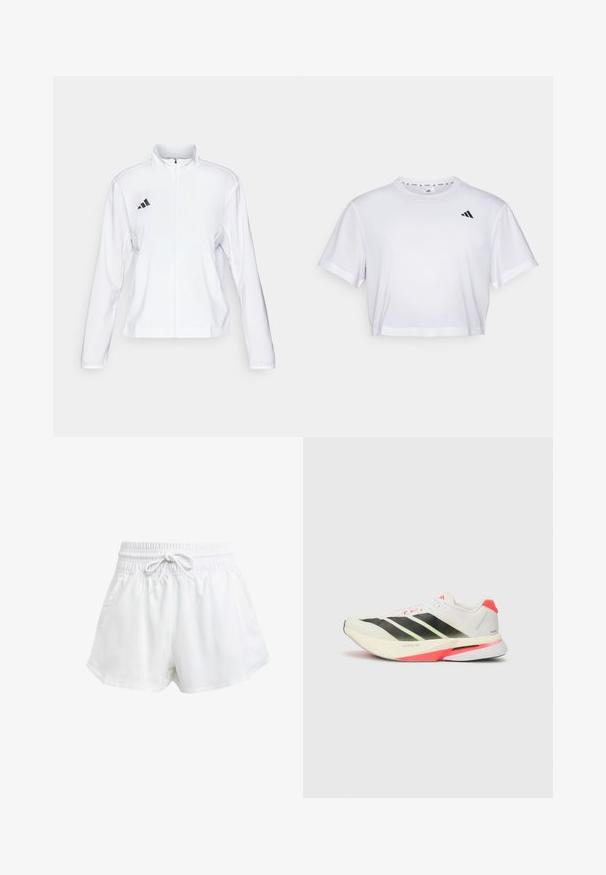 adidas Performance ADIZERO ESSENTIALS - Veste de running - white; T-shirt blanc court en tissu doux, avec des manches courtes et un col rond. Logo noir sur la poitrine gauche.; Shorts de sport blancs avec une taille élastique et un cordon de serrage réglable. Fabriqués en matériau léger, ils sont dotés de poches latérales et d'une coupe ample.; Baskets de course blanches avec des rayures noires, des accents vert fluo et un talon rouge. Elles disposent d'un dessus en maille texturée et d'une semelle légère pour le confort.