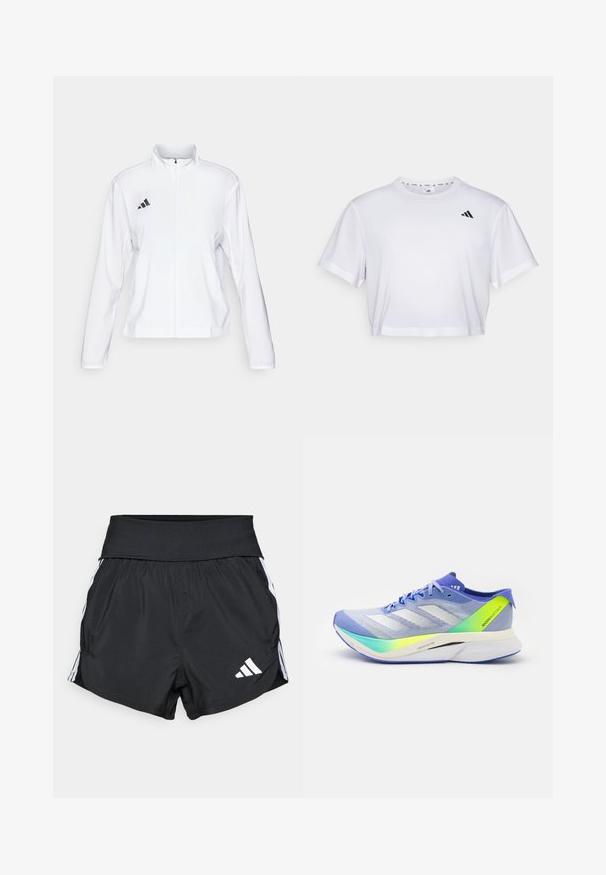 adidas Performance ADIZERO ESSENTIALS - Běžecká bunda - white; Bílý zkrácený tričko vyrobené z měkké látky, s krátkými rukávy a kulatým výstřihem. Černé logo na levé hrudi.; Černé sportovní šortky vyrobené z lehkého materiálu, s širokým pasem, bílými bočními pruhy a malým bílým logem na dolním lemu.; adidas Performance ADIZERO BOSTON 12 - Silniční běžecké boty - light blue