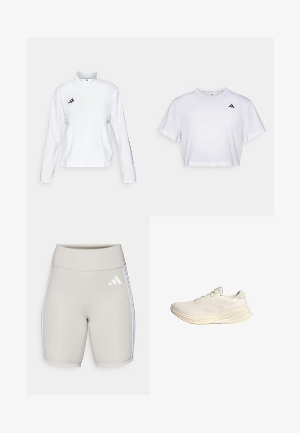 adidas Performance ADIZERO ESSENTIALS - Běžecká bunda - white; Bílý zkrácený tričko vyrobené z měkké látky, s krátkými rukávy a kulatým výstřihem. Černé logo na levé hrudi.; Béžové sportovní šortky s vysokým páskem, hladkým povrchem, třemi bílými pruhy po stranách a malým bílým logem na přední straně.; Světlé béžové sportovní boty s mesh svrškem, plochými tkaničkami a polstrovanou podrážkou. Na boční straně obsahují design se třemi pruhy.