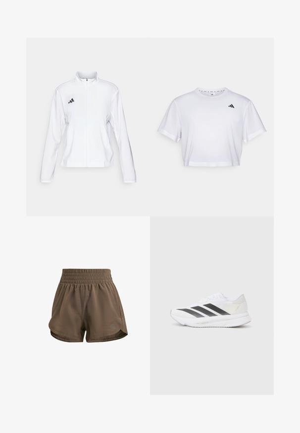 adidas Performance ADIZERO ESSENTIALS - Spordijope - white; Valge lühikeste varrukatega krobitud t-särk, mis on valmistatud pehmest kangast ja millel on ümmargune kaelus. Vasakul rinnal must logo.; Pruunid sportlikud lühikesed püksid elastse vöökohtaga, millel on lõdvema lõikega, külgsuud ja diskreetne brändilogo alumises nurgas.; Valged sportlikud jalanõud mustade diagonaalsete triipudega, võrkkattega, ümarate varvastega ja tekstuurse tallaga. Aktsentideks on hõbedane kand ja minimalistlik disain.