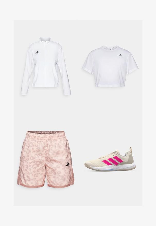 adidas Performance ADIZERO ESSENTIALS - Bežecká bunda - white; Biely skrátený tričko vyrobené z mäkkého materiálu, s krátkymi rukávmi a okrúhlym výstrihom. Čierne logo na ľavej hrudi.; adidas Performance CRAZY LITE CHEETAH SHORT - Športové šortky - warm clay; Béžová atletická obuv s ružovým logom trojpruhov, textúrovaný sieťový zvršok, polstrovaný golier a biela gumová podrážka s označením "LIGHTSTRIKE".