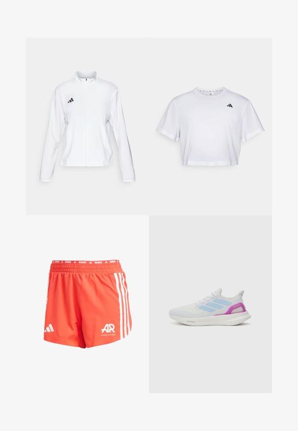 adidas Performance ADIZERO ESSENTIALS - Bežecká bunda - white; Biely skrátený tričko vyrobené z mäkkého materiálu, s krátkymi rukávmi a okrúhlym výstrihom. Čierne logo na ľavej hrudi.; Behárové šortky Adidas v jasne oranžovej farbe, vyrobené z ľahkého materiálu, so bielymi pruhmi po stranách, elastickým pásom a detailom loga.; adidas Performance PUREBOOST 5 - Cestná bežecká obuv - white/glow blue/purple burst