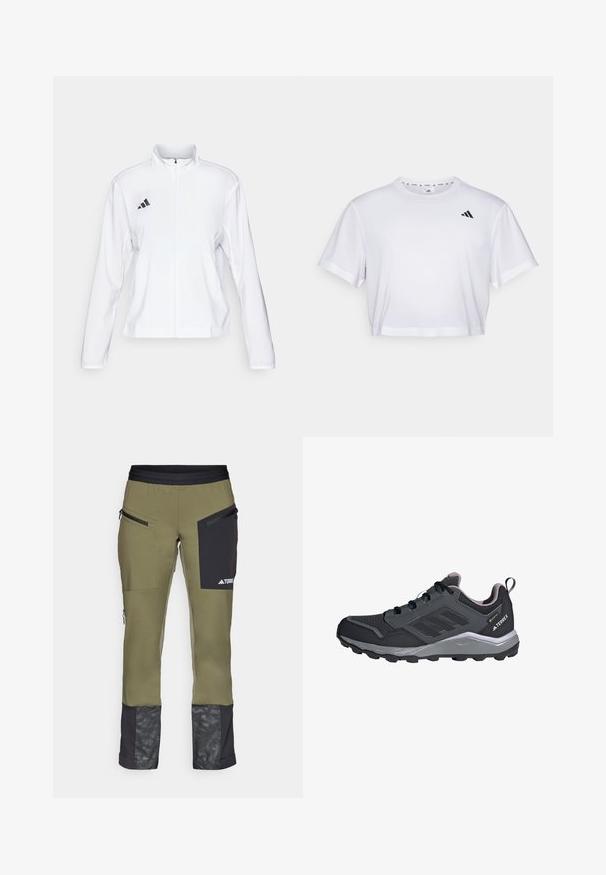 adidas Performance ADIZERO ESSENTIALS - Bežecká bunda - white; Biely skrátený tričko vyrobené z mäkkého materiálu, s krátkymi rukávmi a okrúhlym výstrihom. Čierne logo na ľavej hrudi.; Zelené technické nohavice s čiernymi akcentmi, zipsovými vreckami a vzorovanou dolnou časťou nohavic. Vyrobené z flexibilného, odolného materiálu.; Čierne atletické topánky s šedými akcentmi, syntetický sieťovaný zvršok, polstrovaná podrážka, systém šnúrovania a textúrovaná podrážka pre trakciu.