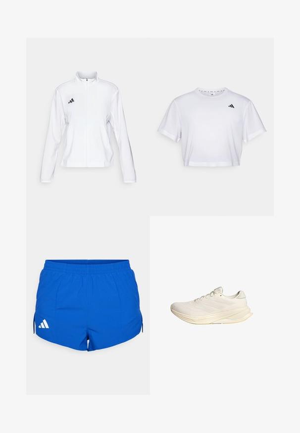 adidas Performance ADIZERO ESSENTIALS - Juoksutakki - white; Valkoinen lyhythihainen t-paita, joka on valmistettu pehmeästä kankaasta. Pyöreä pääntie. Musta logo vasemmassa rinnassa.; Siniset urheilushortsit, joissa on joustava vyötärö, vasemmalla puolella valkoinen Adidas-logo ja sivurei'ät paremman liikkuvuuden takaamiseksi.; Vaaleanbeige urheilukenkä, jossa on verkkokangasylhys, litteät nauhat ja pehmustettu pohja. Sivussa on kolme raitaa.