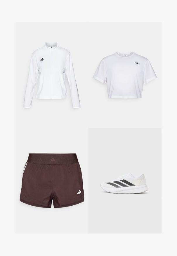 adidas Performance ADIZERO ESSENTIALS - Löparjacka - white; Vit kortärmad t-shirt i mjukt material, med rund halsringning. Svart logotyp på vänster bröst.; Bruna sportshorts med en texturerad elastisk midja, med vita sidosträck och en liten logotyp på den nedre högra nederkanten.; Vita sportskor i vitt med svarta diagonala ränder, överdel i mesh, rundad tå och texturerad sula. Accenter inkluderar en silverfärgad häl och en minimalistisk design.