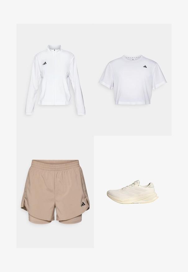 adidas Performance ADIZERO ESSENTIALS - Running jacket - white; White cropped t-shirt made from soft fabric, featuring short sleeves and a round neckline. Black logo on the left chest.; Beige athletic shorts with a waistband, featuring side slits and inner shorts. Black Adidas logo on the lower left side. Smooth fabric texture.; Light beige athletic shoe with a mesh upper, flat laces, and a cushioned sole. Features three stripes design on the lateral side.
