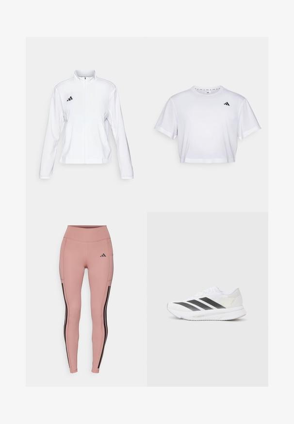 adidas Performance ADIZERO ESSENTIALS - Juoksutakki - white; Valkoinen lyhythihainen t-paita, joka on valmistettu pehmeästä kankaasta. Pyöreä pääntie. Musta logo vasemmassa rinnassa.; Vaaleanpunaiset urheiluleggingsit, joissa on mustat sivuhaitarit ja korkea vyötärö. Valmistettu joustavasta kankaasta, joka tarjoaa tyylikkään, istuvan siluetin.; Valkoinen urheilukenkä, jossa on mustat viistot raidat, verkkosukka, pyöreä kärki ja teksturoitu pohja. Koristeina ovat hopeinen kantapää ja minimalistinen muotoilu.