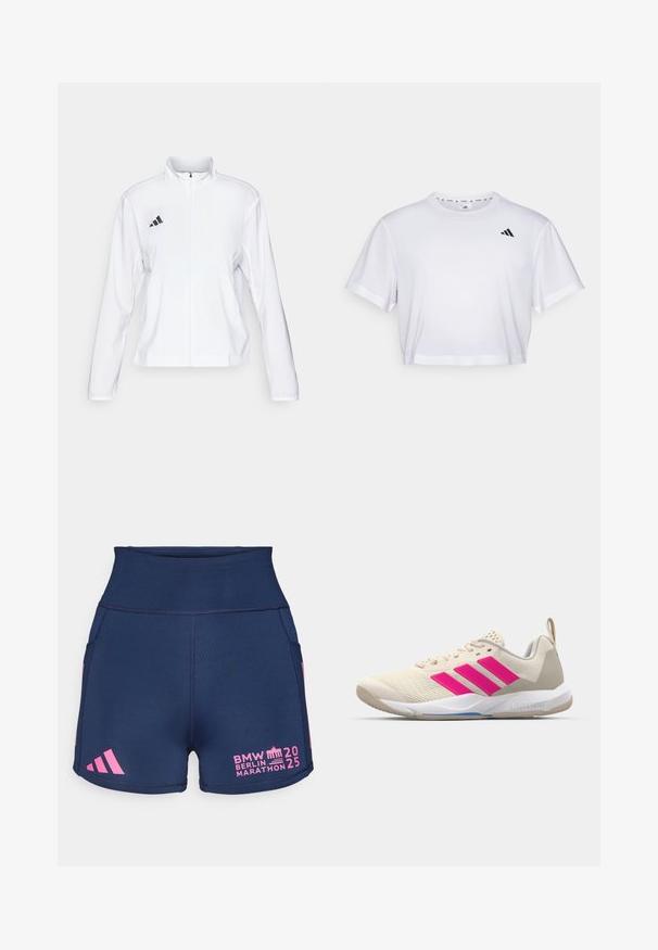 adidas Performance ADIZERO ESSENTIALS - Striukė bėgimui - white; Balta trumpa marškinėliai, pagaminti iš švelnios medžiagos, su trumpomis rankovėmis ir apvaliu iškirpimu. Juodas logotipas kairėje krūtinės pusėje.; adidas Performance BER25 SHORT THIGHTS - Trumpi bėgimo šortai - collegiate navy; Bežiniai sportiniai bateliai su rožinėmis trimis juostomis, tekstūruota tinklelio viršutinė dalis, paminkštinta apykaklė ir balta guma neslystančia padu, turintys "LIGHTSTRIKE" prekės ženklą.
