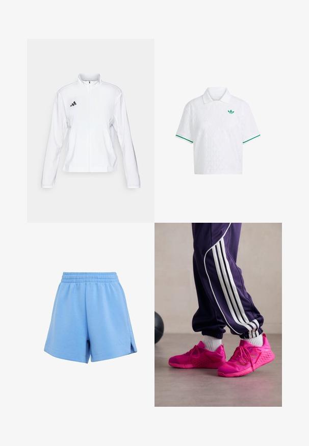 adidas Performance ADIZERO ESSENTIALS - Running jacket - white; Cropped white polo shirt with a textured diamond pattern, green accents on the sleeves, and a small green logo on the chest.; Light blue athletic shorts with an elastic waistband, made from soft fabric, featuring side slits and a subtle logo on the hem.; Pink athletic shoes with mesh and rubber materials, featuring a textured sole, laces, and a lightweight design. Paired with purple tracksuit pants.