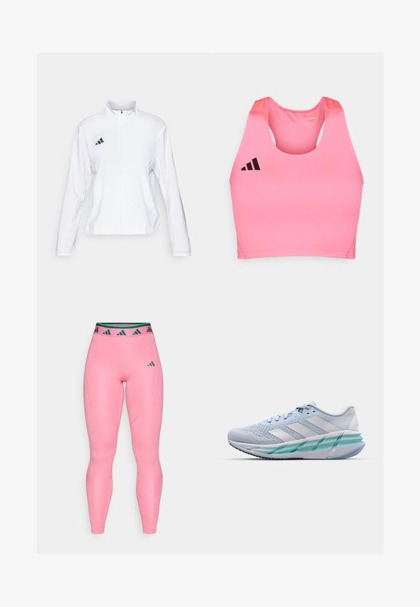 adidas Performance ADIZERO ESSENTIALS - Laufjacke - white; adidas Performance ADIZERO - Top - lucid pink; Rosa Leggings aus glattem, dehnbarem Material. Mit einem schwarzen und grünen gemusterten Bund und dezentem Branding am Oberschenkel.; Helle blaue Sportschuhe mit einem strukturierten Strickobermaterial, weißen Akzenten und einer transparenten grünen Zwischensohle. Abgerundete Zehenpartie und gepolsterter Schaft.