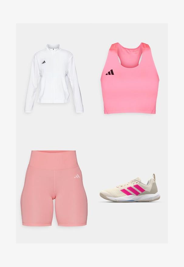 adidas Performance ADIZERO ESSENTIALS - Runningjack - white; adidas Performance ADIZERO - Top - lucid pink; adidas Performance Tights - semi pink spark; Beige sportshoe met een roze drie-strepen logo, een textuur-mesh bovenkant, een gevoerde kraag en een witte rubberen zool, met "LIGHTSTRIKE" branding.