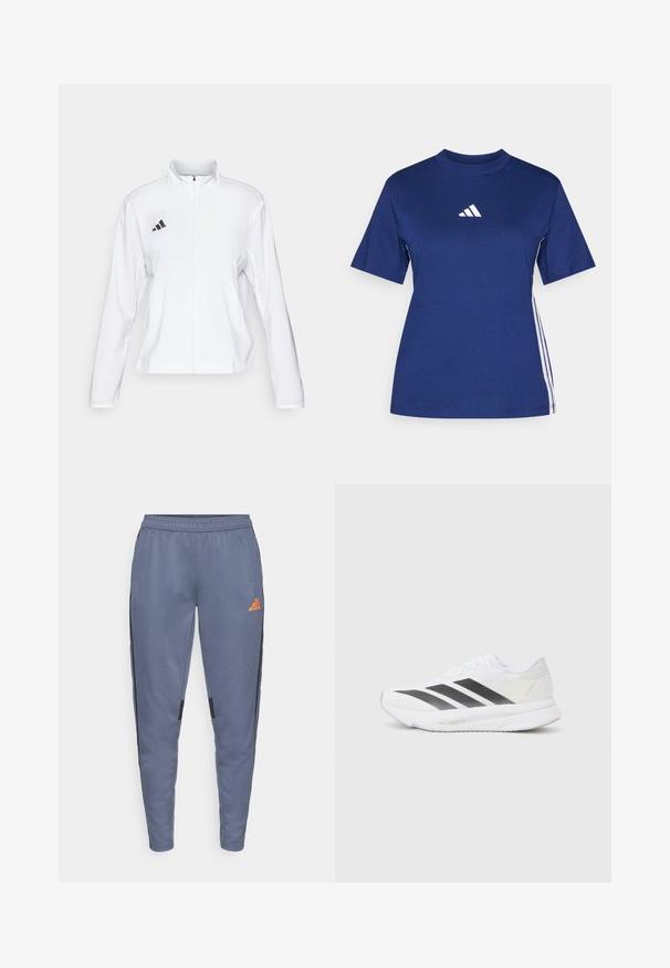 adidas Performance ADIZERO ESSENTIALS - Športna jakna - white; Temno modra majica s kratkimi rokavi iz bombaža z visokim ovratnikom, ki ima belo logo in kontrastne bele stranske črte.; Sive športne hlače z elastičnim pasom, črnimi stranskimi črtami in oranžnim logotipom na levi stegn. Gladka tekstura tkanine.; Bela atletska čevlja z črnimi diagonali, mrežastim zgornjim delom, zaobljenim nosom in teksturirano podplatom. Dodatki vključujejo srebrno peto in minimalističen dizajn.