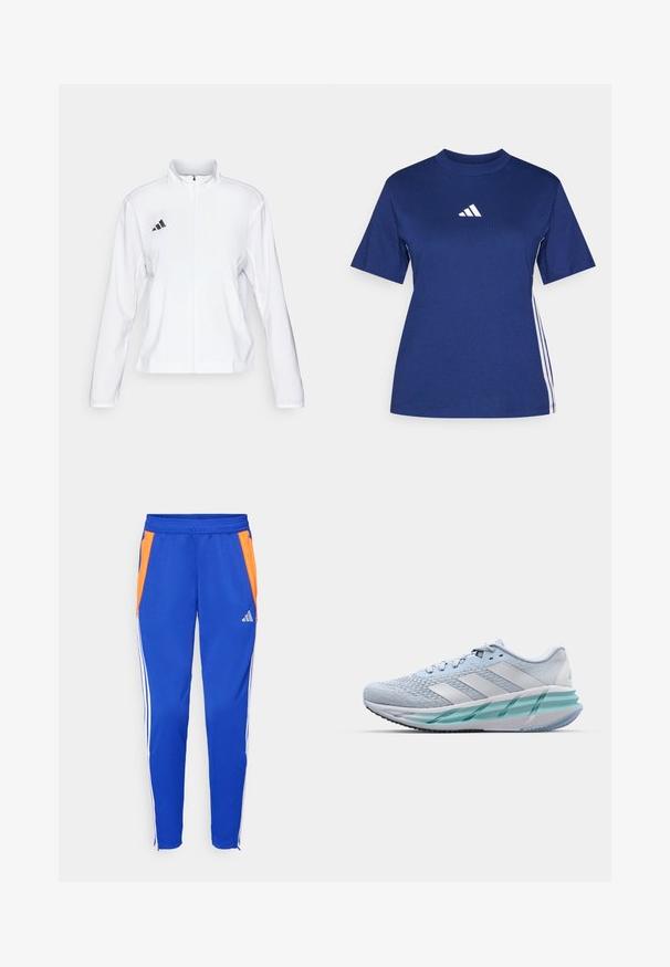 adidas Performance ADIZERO ESSENTIALS - Laufjacke - white; Navyblaue kurzärmelige T-Shirt aus Baumwolle mit hohem Kragen, ausgestattet mit einem weißen Logo und kontrastierenden weißen Seitenstreifen.; Blaue Sporthosen mit orangefarbenen Seiteneinsätzen, weißen Streifen an den Seiten, elastischem Bund und Reißverschlüssen an den Säumen. Adidas-Logo vorhanden.; Helle blaue Sportschuhe mit einem strukturierten Strickobermaterial, weißen Akzenten und einer transparenten grünen Zwischensohle. Abgerundete Zehenpartie und gepolsterter Schaft.