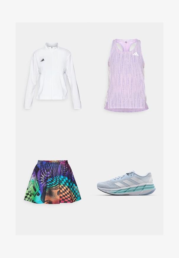 adidas Performance ADIZERO ESSENTIALS - Runningjack - white; Paars sport tanktop van een gemusterde, gestructureerde stof. Heeft uitsparingen aan de zijkanten en een klein wit logo aan de voorkant.; Kleurvolle rok met een mix van patronen in paars, blauw, groen en oranje. Elastische tailleband en geplooid ontwerp versterken de beweging.; Lichtblauwe sportschoenen met een gestructureerde breitbovenkant, witte accenten en een doorzichtige groene tussenzool. Ronde neus en gevoerde kraag.