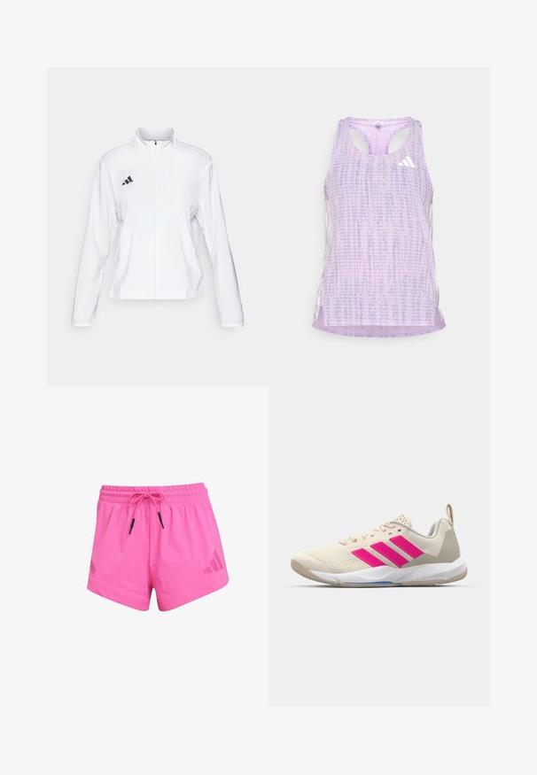 adidas Performance ADIZERO ESSENTIALS - Bežecká bunda - white; Fialová športová tielko s vzorovanou, textúrovanou tkaninou. Má vykrojené strany a malé biele logo vpredu.; Ružové športové šortky s elastickým pásom, nastaviteľnou šnúrkou a logom Adidas na ľavej strane. Hladká tkanina, krátky strih.; Béžová atletická obuv s ružovým logom trojpruhov, textúrovaný sieťový zvršok, polstrovaný golier a biela gumová podrážka s označením "LIGHTSTRIKE".
