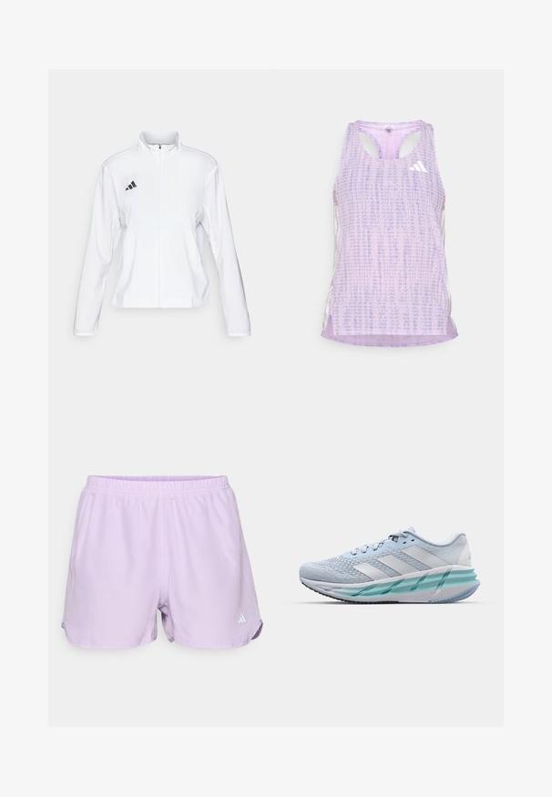 adidas Performance ADIZERO ESSENTIALS - Runningjack - white; Paars sport tanktop van een gemusterde, gestructureerde stof. Heeft uitsparingen aan de zijkanten en een klein wit logo aan de voorkant.; Lavendel sportshorts met een elastische tailleband, vochtafvoerend materiaal en een klein wit logo aan de onderkant rechts.; Lichtblauwe sportschoenen met een gestructureerde breitbovenkant, witte accenten en een doorzichtige groene tussenzool. Ronde neus en gevoerde kraag.