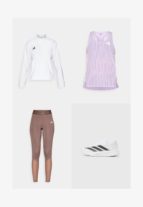 adidas Performance ADIZERO ESSENTIALS - Juoksutakki - white; Violetti urheilualuspaita, jossa on kuvioitu, tekstuurinen kangas. Sisältää aukolliset sivut ja pienen valkoisen logon edessä.; Ruske legginsit korkealla vyötäröllä, valmistettu joustavasta kankaasta, joissa on vinot sauman yksityiskohdat ja hienovarainen valkoinen logo.; Valkoinen urheilukenkä, jossa on mustat viistot raidat, verkkosukka, pyöreä kärki ja teksturoitu pohja. Koristeina ovat hopeinen kantapää ja minimalistinen muotoilu.
