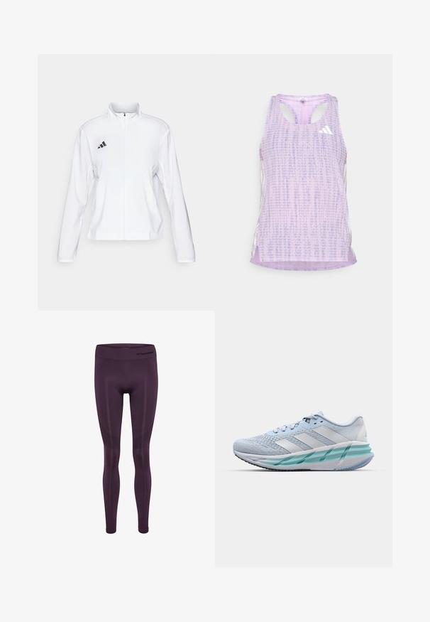adidas Performance ADIZERO ESSENTIALS - Laufjacke - white; Lila sportlicher Tank-Top mit einem gemusterten, strukturierten Stoff. Verfügt über Ausschnitte an den Seiten und ein kleines weißes Logo auf der Vorderseite.; Lila Sportleggins aus dehnbarem Stoff, mit hohem Bund und subtilen strukturierten Mustern an den Seiten.; Helle blaue Sportschuhe mit einem strukturierten Strickobermaterial, weißen Akzenten und einer transparenten grünen Zwischensohle. Abgerundete Zehenpartie und gepolsterter Schaft.
