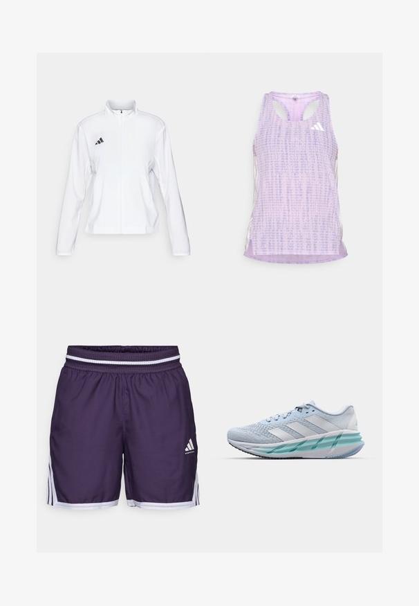 adidas Performance ADIZERO ESSENTIALS - Jachetă sport - white; Top sportiv violet dintr-un material texturat cu model. Are laterale decupate și un mic logo alb în față.; Pantaloni scurți de baschet de culoare mov, cu un brâu elastic ce prezintă accente din plasă albă. Include dungi pe panourile laterale și un logo pe partea din față, jos.; Încălțăminte sport de culoare albastră deschisă, cu un material superior texturat din tricot, accente albe și o talpă intermediară verde transparentă. Vârf rotunjit și guler căptușit.