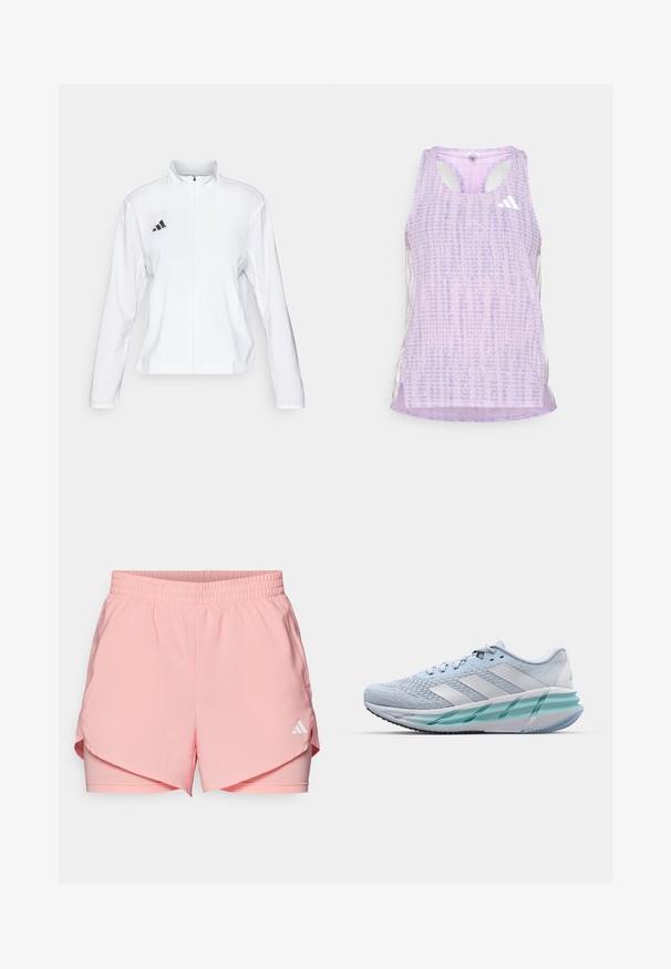 adidas Performance ADIZERO ESSENTIALS - Laufjacke - white; Lila sportlicher Tank-Top mit einem gemusterten, strukturierten Stoff. Verfügt über Ausschnitte an den Seiten und ein kleines weißes Logo auf der Vorderseite.; adidas Performance W MIN 2IN1 SHO - Kurze Sporthose - semi pink spark; Helle blaue Sportschuhe mit einem strukturierten Strickobermaterial, weißen Akzenten und einer transparenten grünen Zwischensohle. Abgerundete Zehenpartie und gepolsterter Schaft.