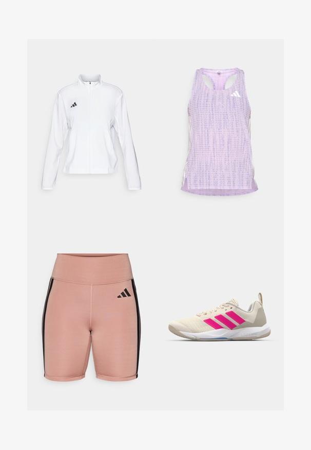 adidas Performance ADIZERO ESSENTIALS - Runningjack - white; Paars sport tanktop van een gemusterde, gestructureerde stof. Heeft uitsparingen aan de zijkanten en een klein wit logo aan de voorkant.; Roze sportshorts met een hoge taille, gemaakt van rekbaar materiaal. Bevat zwarte zijstrepen en het Adidas-logo aan de linkerkant.; Beige sportshoe met een roze drie-strepen logo, een textuur-mesh bovenkant, een gevoerde kraag en een witte rubberen zool, met "LIGHTSTRIKE" branding.