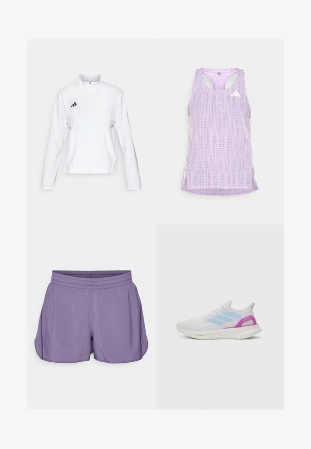 adidas Performance ADIZERO ESSENTIALS - Running jacket - white; Purple athletic tank top with a patterned, textured fabric. Features cutout sides and a small white logo on the front.; Lavender athletic shorts featuring an elastic waistband, side slits, and smooth, lightweight fabric. Simple design with no additional accents.; adidas Performance PUREBOOST 5 - Road running shoes - white/glow blue/purple burst