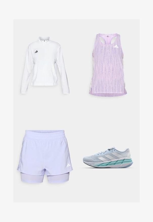 adidas Performance ADIZERO ESSENTIALS - Chaqueta de running - white; Camisa deportiva morada sin mangas, con una tela texturizada y con estampado. Presenta cortes a los lados y un pequeño logo blanco en la parte delantera.; Pantalones cortos deportivos de color púrpura claro con cintura elástica, diseño en capas y pantalones internos integrados; cuenta con un acento de logo blanco.; Zapatillas deportivas azul claro con un upper de punto texturizado, acentos blancos y una suela intermedia verde transparente. Punta redondeada y cuello acolchado.