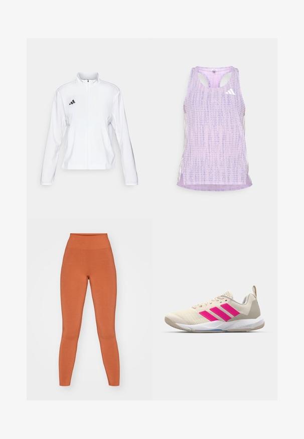adidas Performance ADIZERO ESSENTIALS - Športna jakna - white; Vijolična športna majica brez rokavov s vzorčeno in teksturirano tkanino. Ima izrezane strani in majhno belo logo na sprednji strani.; Oranžne visoke legice iz mehkega, raztegljivega materiala. Gladka tekstura s telesom prilagojeno silhueto, brezšivna konstrukcija in dolžina do gležnjev.; Bežni atletski čevlji z rožnatim logotipom s tremi črtami, teksturiran zgornji del iz mrežaste tkanine, oblazinjen ovratnik in bel gumijast podplat, ki nosi blagovno znamko "LIGHTSTRIKE".