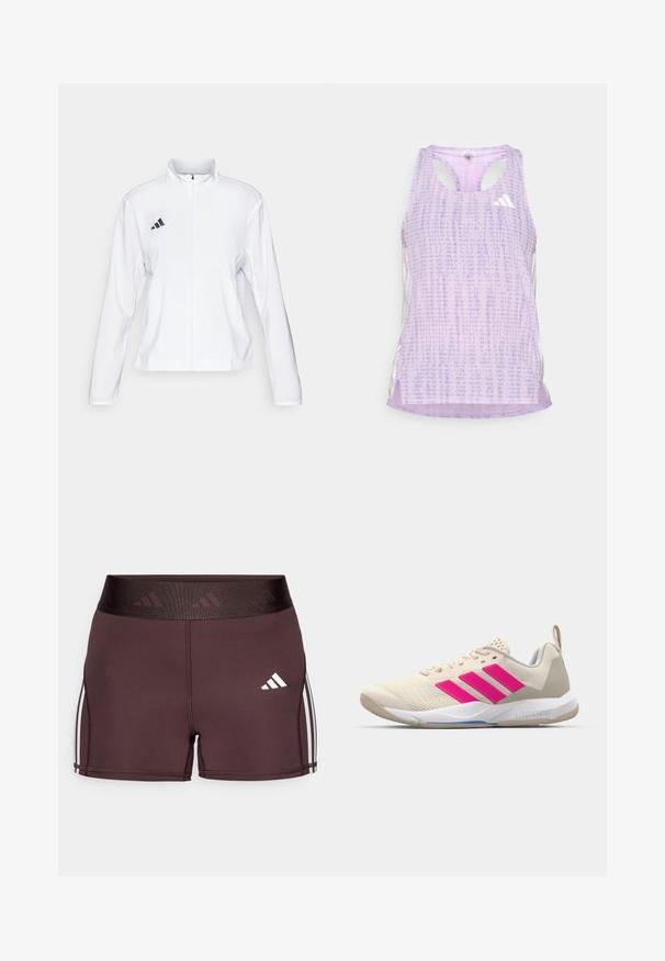 adidas Performance ADIZERO ESSENTIALS - Running jacket - white; Purple athletic tank top with a patterned, textured fabric. Features cutout sides and a small white logo on the front.; Maroon athletic shorts with a high waistband featuring a logo and white side stripes. Made from smooth, stretchy fabric for comfort.; Beige athletic shoe with pink three-stripe logo, textured mesh upper, padded collar, and white rubber sole, featuring "LIGHTSTRIKE" branding.