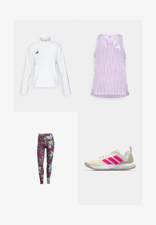 adidas Performance ADIZERO ESSENTIALS - Løpejakke - white; Lilla idrettstopp med mønstrete, teksturert stoff. Har utskårne sider og en liten hvit logo foran.; Leggings med sommerfugltrykk i aubergine, med elastisk stoff, høy midje og kontrasterende sidelister for ekstra detaljer.; Beige atletik sko med rosa tre-stripes logo, teksturert mesh-overdel, polstret krage og hvit gummisåle, med "LIGHTSTRIKE" merke.