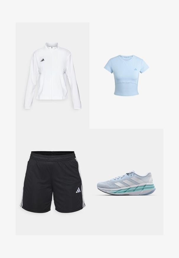 adidas Performance ADIZERO ESSENTIALS - Runningjack - white; Lichtblauwe, cropped sport t-shirt met korte mouwen, ribbel onderkant en subtiel logo op de borst. Gladde textuur, slim fit ontwerp.; Zwarte sportshorts van lichtgewicht, glad materiaal. Heeft witte zijstrepen en een klein zilveren logo aan de onderste linkerzijde. Rekbare tailleband.; Lichtblauwe sportschoenen met een gestructureerde breitbovenkant, witte accenten en een doorzichtige groene tussenzool. Ronde neus en gevoerde kraag.