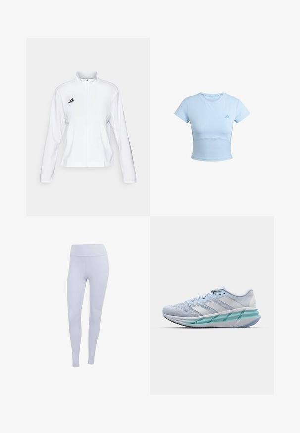 adidas Performance ADIZERO ESSENTIALS - Runningjack - white; Lichtblauwe, cropped sport t-shirt met korte mouwen, ribbel onderkant en subtiel logo op de borst. Gladde textuur, slim fit ontwerp.; Lila leggings van rekbaar materiaal. Hooggevormd ontwerp met een gladde textuur en geen zichtbare naden of patronen.; Lichtblauwe sportschoenen met een gestructureerde breitbovenkant, witte accenten en een doorzichtige groene tussenzool. Ronde neus en gevoerde kraag.