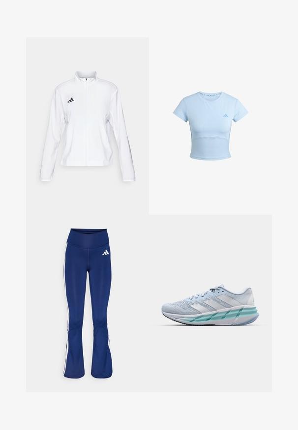 adidas Performance - Kurtka do biegania; Jasnoniebieska sportowa koszulka cropped z krótkim rękawem, żebrowaną dolną częścią i subtelnym logo na klatce piersiowej. Gładka struktura, dopasowany krój.; Granatowe leggings o rozszerzającym się kroju, wykonane z elastycznego materiału, z białymi pasekami po bokach i logo Adidas na lewym biodrze. Gładka faktura, wysoki stan.; Jasnoniebieskie buty sportowe z teksturowaną cholewką z dzianiny, białymi akcentami i przezroczystą zieloną podeszwą środkową. Okrągły czubek i wyściełany kołnierz.