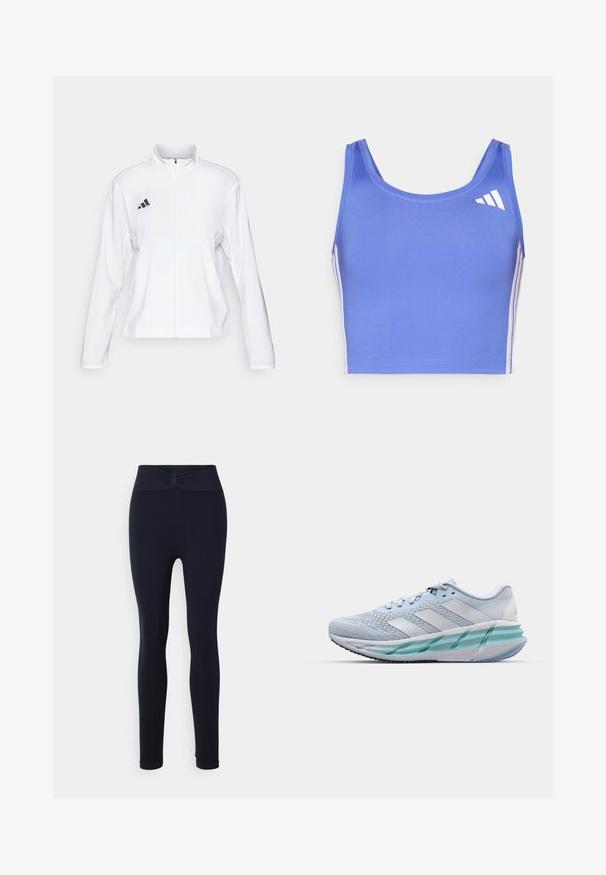 adidas Performance ADIZERO ESSENTIALS - Runningjack - white; Lichtblauwe sportbeha van rekbaar materiaal, met een ronde halslijn, brede banden en witte zijstrepen met een logo aan de bovenste linkerkant.; Yogasearcher NALA - Tights - navy; Lichtblauwe sportschoenen met een gestructureerde breitbovenkant, witte accenten en een doorzichtige groene tussenzool. Ronde neus en gevoerde kraag.