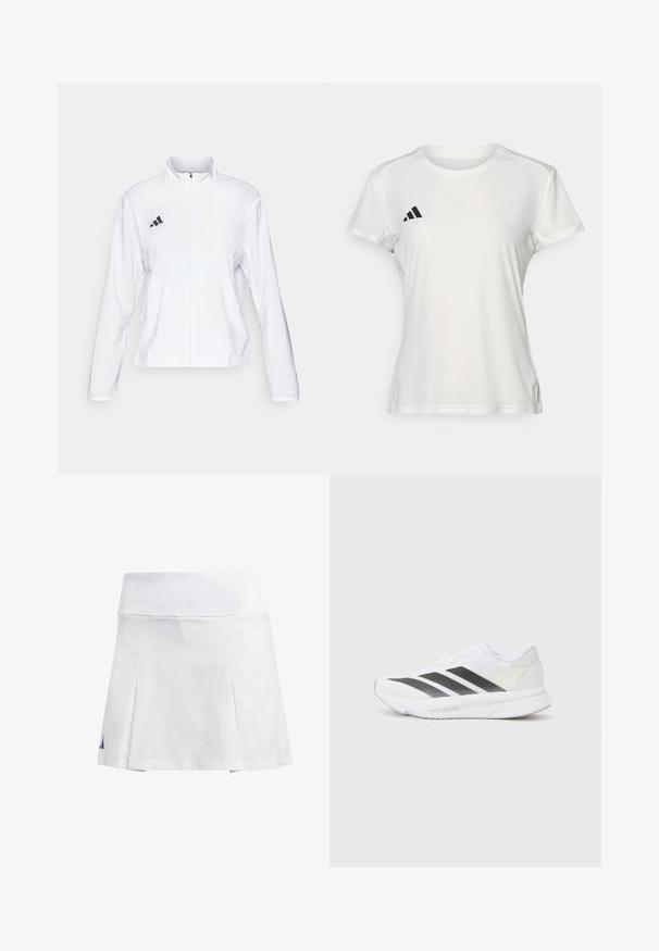 adidas Performance ADIZERO ESSENTIALS - Sportdzseki - white; Fehér sportpóló, nedvességel szemben ellenálló anyagból készült. Rövid ujjú, kerek nyakkivágású, fekete logóval és három csíkkal ellátott emblémával a bal mellkason.; Fehér sport szoknya széles derékkal, redőzött kialakítással és lila logóval a bal oldalon. Könnyű anyagból készült.; Fehér sportcipő fekete átlós csíkokkal, hálós felsőrésszel, lekerekített orral és texturált talppal. A kiegészítők között szerepel egy ezüst sarok és minimalista dizájn.