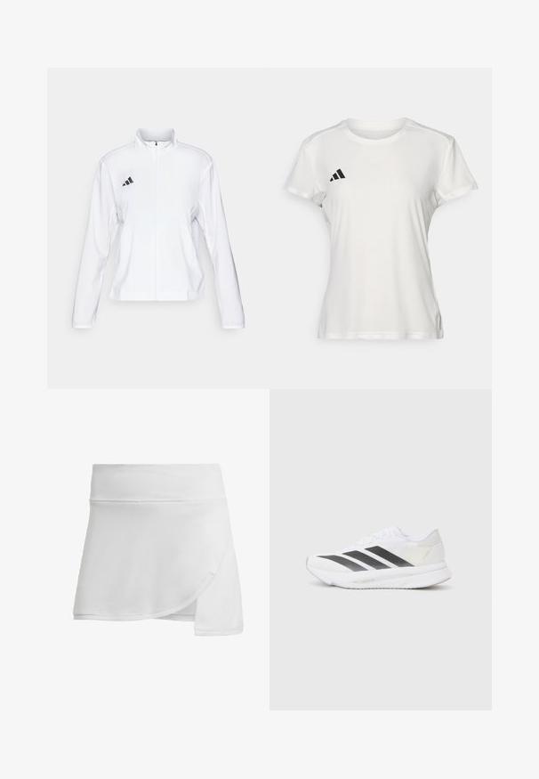 adidas Performance ADIZERO ESSENTIALS - Sporta jaka - white; Balts sporta T-krekls, kas izgatavots no mitrumu absorbējoša auduma. Īsās piedurknes, apaļa kakla izgriezums, kreisajā krūtī ir melna logo un trīs svītru emblema.; Balta sporta svārku kleita, izgatavota no teksturēta, elpojoša auduma. Iezīmēts ar apmetuma dizainu, gludu jostasvietu un izplestu formu, kas nodrošina brīvu kustību.; Baltas sporta apavs ar melniem diagonāliem svītrām, sieta augšdaļa, noapaļota purngalu forma un teksturēta zole. Akcenti ietver sudraba papēdi un minimālistisku dizainu.