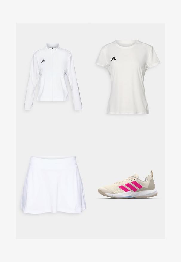 adidas Performance ADIZERO ESSENTIALS - Striukė bėgimui - white; Balta sportinė marškinėliai, pagaminti iš drėgmę praleidžiančios medžiagos. Trumpi rankoviai, apvalus iškirpimas, juoda logotipas ir trijų juostų emblema kairėje krūtinės pusėje.; adidas Performance CLUB SKIRT POCKET - Sportinis sijonas - white; Bežiniai sportiniai bateliai su rožinėmis trimis juostomis, tekstūruota tinklelio viršutinė dalis, paminkštinta apykaklė ir balta guma neslystančia padu, turintys "LIGHTSTRIKE" prekės ženklą.