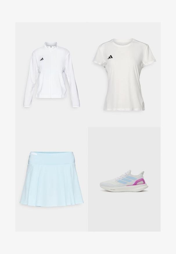 adidas Performance ADIZERO ESSENTIALS - Sportdzseki - white; Fehér sportpóló, nedvességel szemben ellenálló anyagból készült. Rövid ujjú, kerek nyakkivágású, fekete logóval és három csíkkal ellátott emblémával a bal mellkason.; Világoskék sport szoknya, fodros dizájnnal, rugalmas derékkal és sima szövettextúrával. Diszkrét, beépített zseb található az oldalon.; adidas Performance PUREBOOST 5 - Utcai futócipők - white/glow blue/purple burst