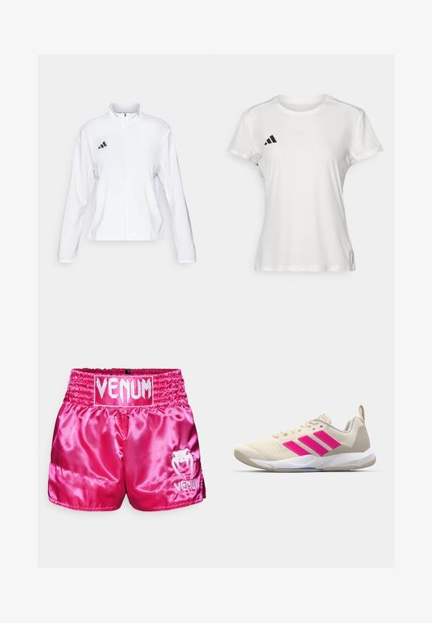 adidas Performance ADIZERO ESSENTIALS - Løpejakke - white; Hvit treningst-skjorte laget av fukttransporterende stoff. Korte ermer, rund hals, med svart logo og tre-stripes emblem på venstre bryst.; Venum CLASSIC MUAY THAI SHORT - Sports shorts - pink/white; Beige atletik sko med rosa tre-stripes logo, teksturert mesh-overdel, polstret krage og hvit gummisåle, med "LIGHTSTRIKE" merke.