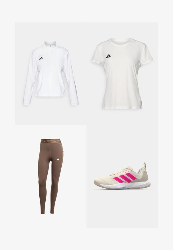 adidas Performance ADIZERO ESSENTIALS - Laufjacke - white; Weißes Sport-T-Shirt aus feuchtigkeitsregulierendem Material. Kurze Ärmel, Rundhals, mit schwarzem Logo und drei-Streifen-Emblem auf der linken Brust.; Braune Sportleggings aus dehnbarem Material. Mit einem weißen Logo am linken Bein und einem elastischen Bund mit Branding. Glatte Textur und enganliegende Passform.; Beige Sportsschuh mit pinkem Dreistreifen-Logo, strukturiertem Mesh-Obermaterial, gepolstertem Schaft und weißer Gummisohle, mit "LIGHTSTRIKE"-Branding.