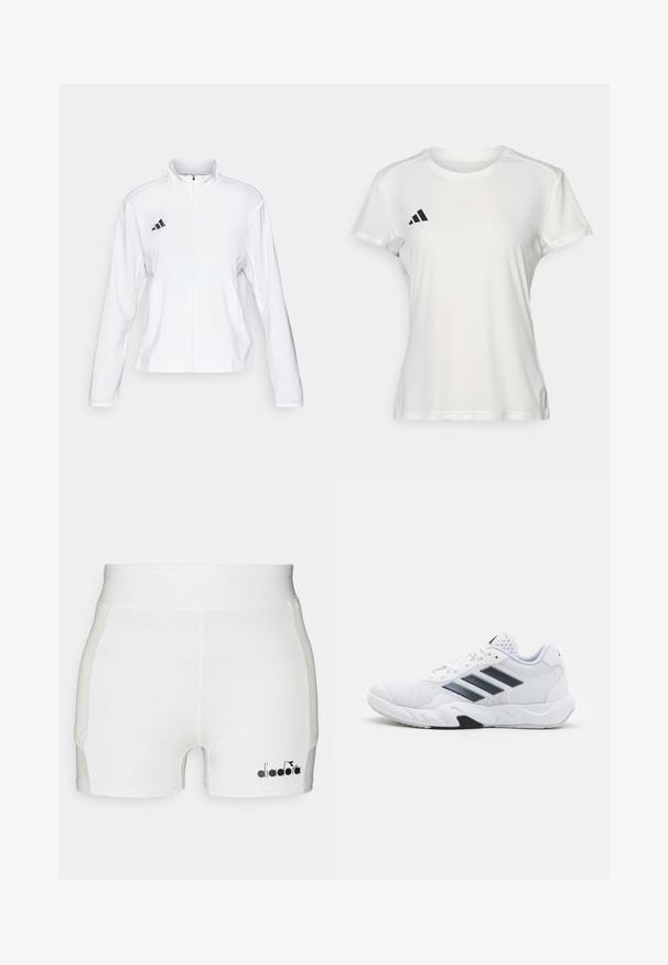 adidas Performance ADIZERO ESSENTIALS - Giacca da running - white; T-shirt sportivo bianco realizzato in tessuto traspirante. Maniche corte, colletto rotondo, presenta un logo nero e un emblema a tre strisce sul lato sinistro del petto.; Shorts sportivi bianchi con una vestibilità aderente, realizzati in tessuto morbido, con dettaglio del logo nero sul lato sinistro inferiore.; Scarpa sportiva bianca con tomaia in mesh, tre strisce nere sui lati, dettagli testurizzati e una suola in gomma robusta con una sezione nera a contrasto.