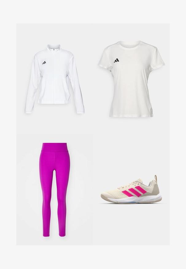 adidas Performance ADIZERO ESSENTIALS - Veste de running - white; T-shirt de sport blanc en tissu à évacuation de l'humidité. Manches courtes, col rond, avec un logo noir et un emblème à trois rayures sur la poitrine gauche.; Leggings ajustés en tissu rose vif avec une texture lisse et une taille haute, présentant un design sans couture et des jambes fuselées.; Baskets de sport beiges avec un logo à trois bandes roses, tige en maille texturée, col rembourré et semelle en caoutchouc blanc, arborant le marquage "LIGHTSTRIKE".