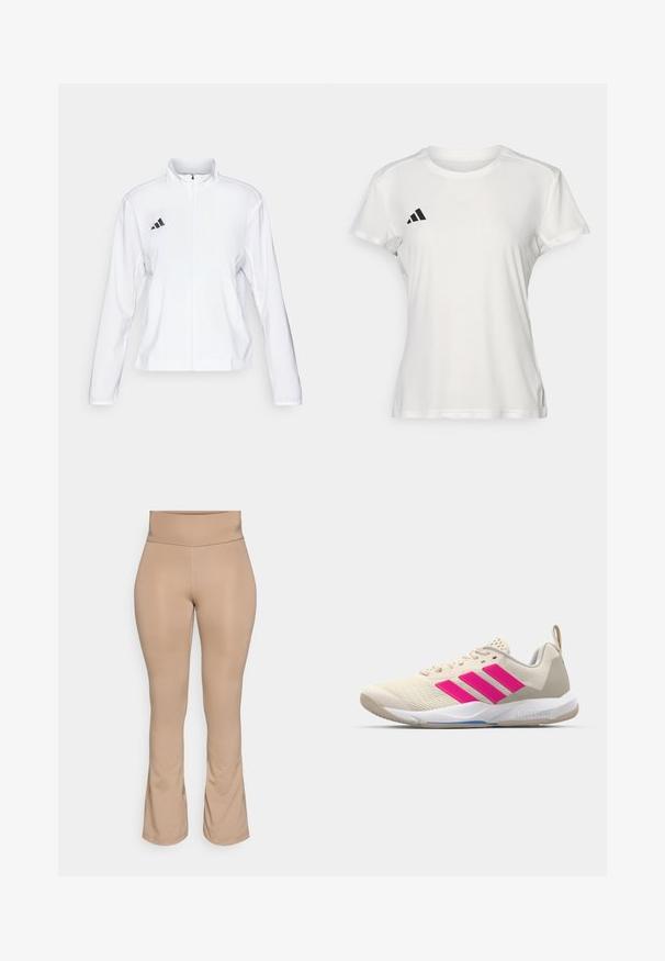 adidas Performance ADIZERO ESSENTIALS - Running jacket - white; White athletic t-shirt made of moisture-wicking fabric. Short sleeves, crew neck, features black logo and three-stripe emblem on left chest.; Nude-colored leggings with a high waistband, flared hem, smooth texture, and no visible patterns or hardware details.; Beige athletic shoe with pink three-stripe logo, textured mesh upper, padded collar, and white rubber sole, featuring "LIGHTSTRIKE" branding.