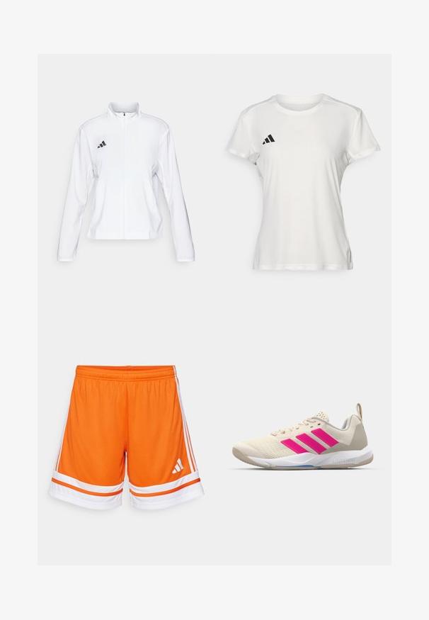 adidas Performance ADIZERO ESSENTIALS - Løbejakker - white; Hvid atletisk T-shirt lavet af stof, der fugttransporterer. Korte ærmer, rund hals, med sort logo og tre-stribet emblem på venstre bryst.; Orange sports shorts med struktureret stof, hvide accenter og tre hvide striber langs siderne. Elastisk talje for komfort.; Beige sportsko med pink tre-stribede logo, tekstureret mesh overdel, polstret krave og hvid gummisål, med "LIGHTSTRIKE" branding.