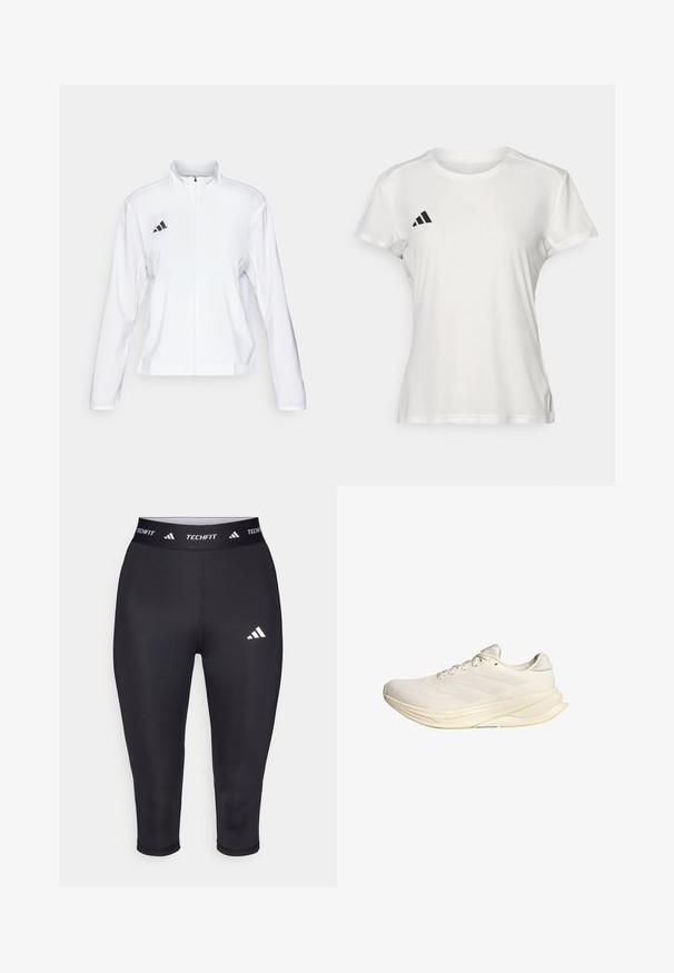 adidas Performance ADIZERO ESSENTIALS - Runningjack - white; Witte sportieve T-shirt van vochtafvoerende stof. Korte mouwen, ronde hals, met zwart logo en drie-strepenembleem op de linkerkant van de borst.; Zwarte Techfit capri leggings gemaakt van rekbaar materiaal. Kenmerken een brede tailleband met witte branding en een klein wit logo op de dij.; Lichtbeige sportschoen met een bovenwerk van mesh, platte veters en een gevoerde zool. Heeft een ontwerp met drie strepen aan de zijkant.