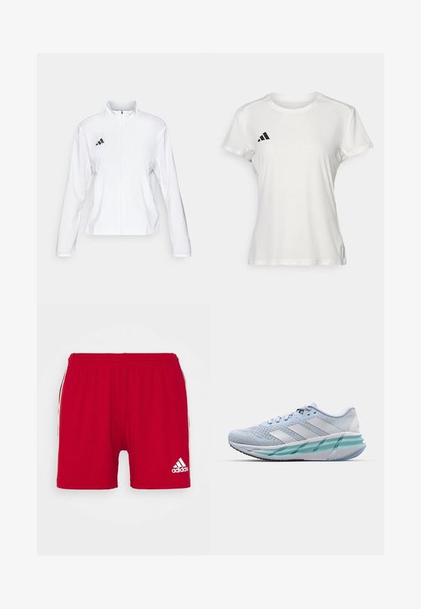adidas Performance ADIZERO ESSENTIALS - Runningjack - white; Witte sportieve T-shirt van vochtafvoerende stof. Korte mouwen, ronde hals, met zwart logo en drie-strepenembleem op de linkerkant van de borst.; adidas Performance SQUAD 21 SHO W - Korte broeken - team power red/white; Lichtblauwe sportschoenen met een gestructureerde breitbovenkant, witte accenten en een doorzichtige groene tussenzool. Ronde neus en gevoerde kraag.