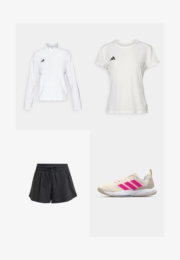 adidas Performance ADIZERO ESSENTIALS - Běžecká bunda - white; Bílé atletické tričko vyrobené z tkaniny odvádějící vlhkost. Krátké rukávy, kulatý výstřih, černé logo a emblém se třemi pruhy na levém prsu.; Černé sportovní šortky s elastickým pasem, vnitřní šňůrkou a bočními rozparky. Vyrobeny z hladké, lehké tkaniny.; Béžová sportovní obuv s růžovým logem tří pruhů, texturovaným síťovaným svrškem, polstrovaným límcem a bílou gumovou podešví, s označením "LIGHTSTRIKE".